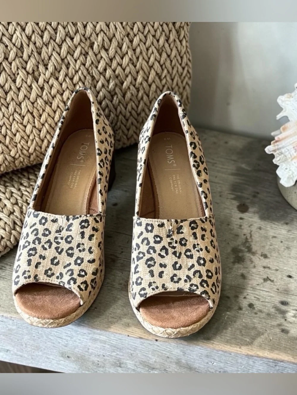 Toms Tan and Black Leopard Animal Print Wedge Peep Toe Sandals